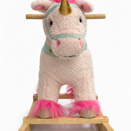 Kids Plush Unicorn Rocking Ride-On with Wheels – Soft Wooden Rocker Toy (Pink & White)