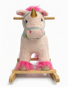 Kids Plush Unicorn Rocking Ride-On with Wheels – Soft Wooden Rocker Toy (Pink & White)