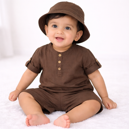 Baby Boy 3-Piece Chocolate Linen-Blend Set: Henley Tee, Cuffed Shorts & Matching Sun Hat