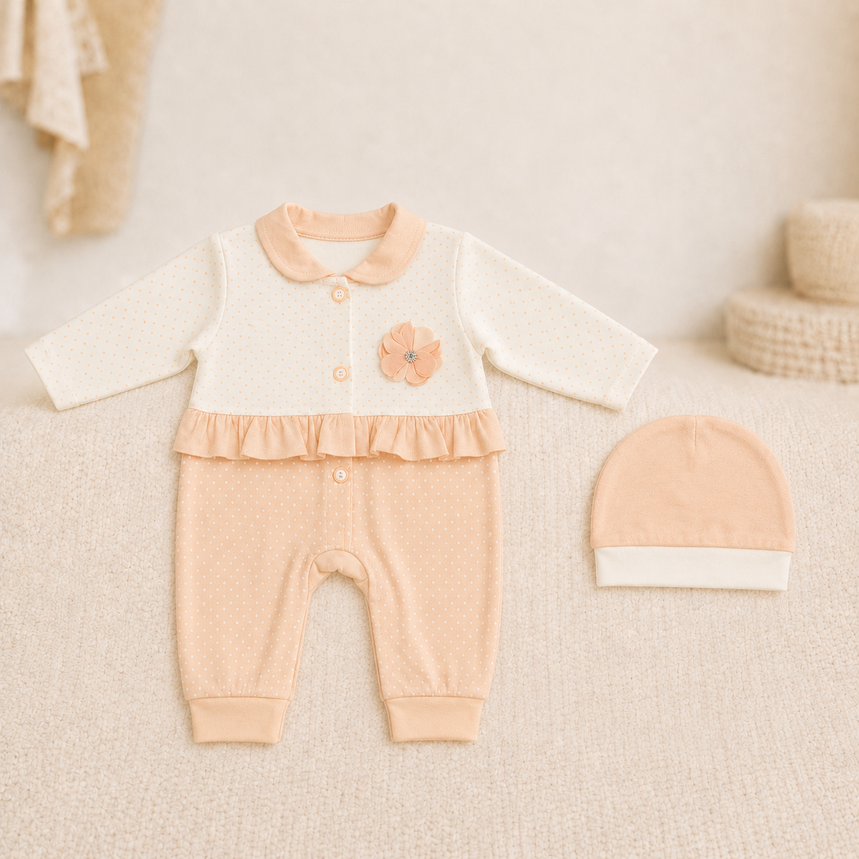 Polka-Dot Early-Winter Romper Set with Cap – Peach & White