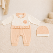 Polka-Dot Early-Winter Romper Set with Cap – Peach & White