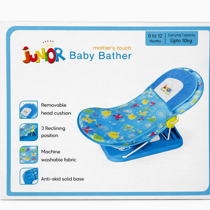 Junior Baby Bather Bath Seat with 3 Reclining Positions & Head Cushion (0–12 Months, Up to 10kg) – Blue