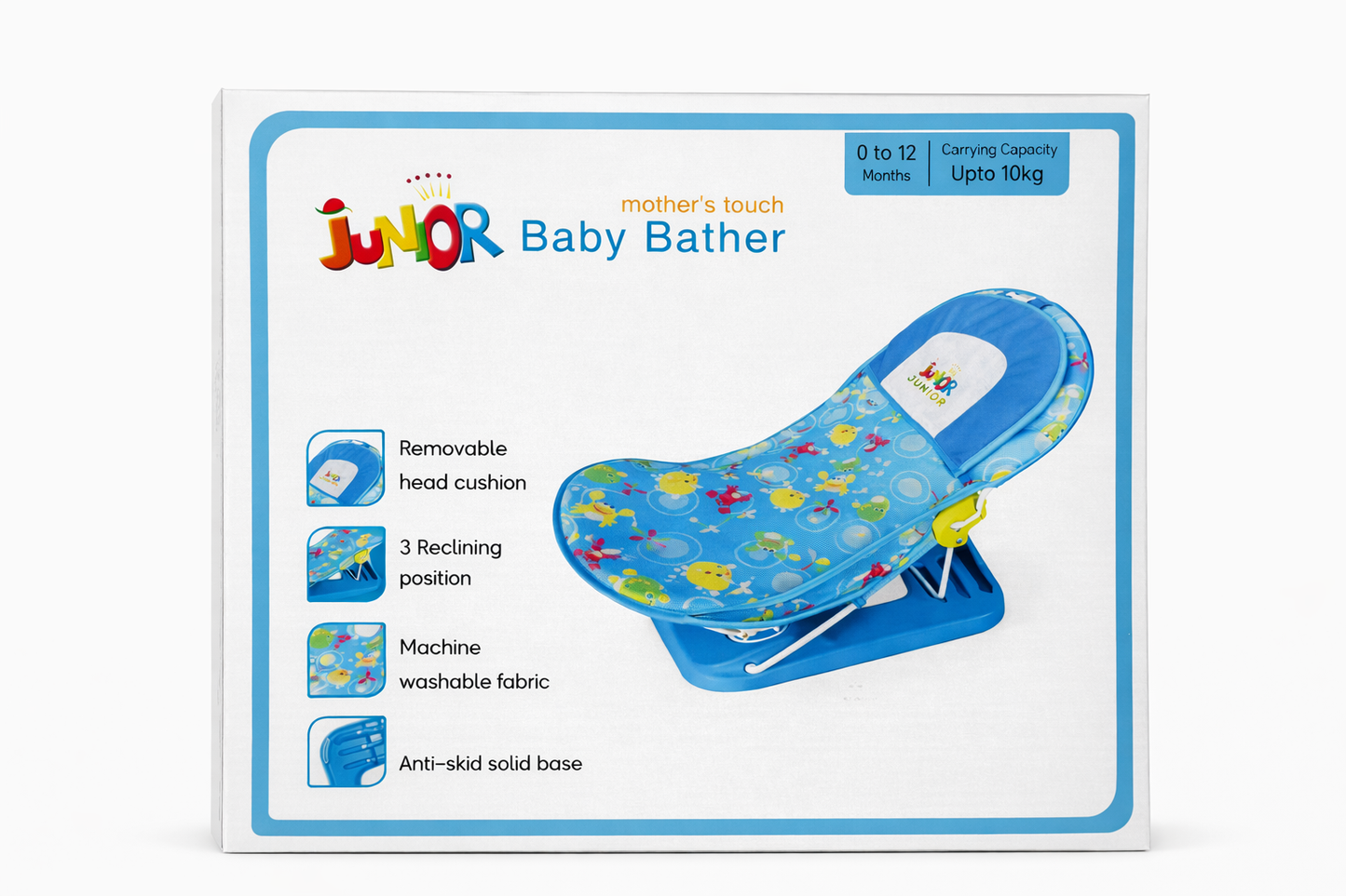 Junior Baby Bather Bath Seat with 3 Reclining Positions & Head Cushion – Blue Edition