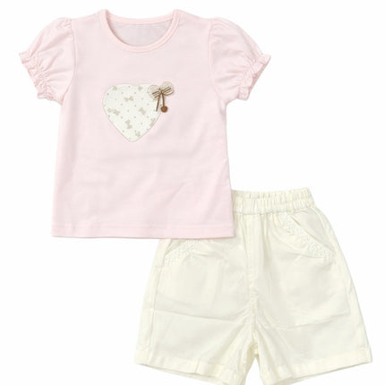 Baby Girl Puff Sleeve Heart Patch Pink T-Shirt & Cream Lace-Trimmed Shorts 2-Piece Summer Set