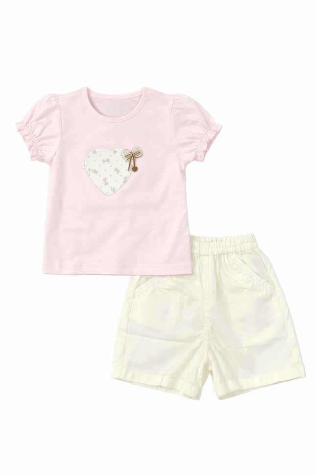 Baby Girl Puff Sleeve Heart Patch Pink T-Shirt & Cream Lace-Trimmed Shorts 2-Piece Summer Set