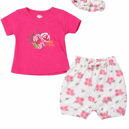 Floral Pink Baby Girl 3-Piece Summer Set (T-Shirt, Printed Shorts & Headband)
