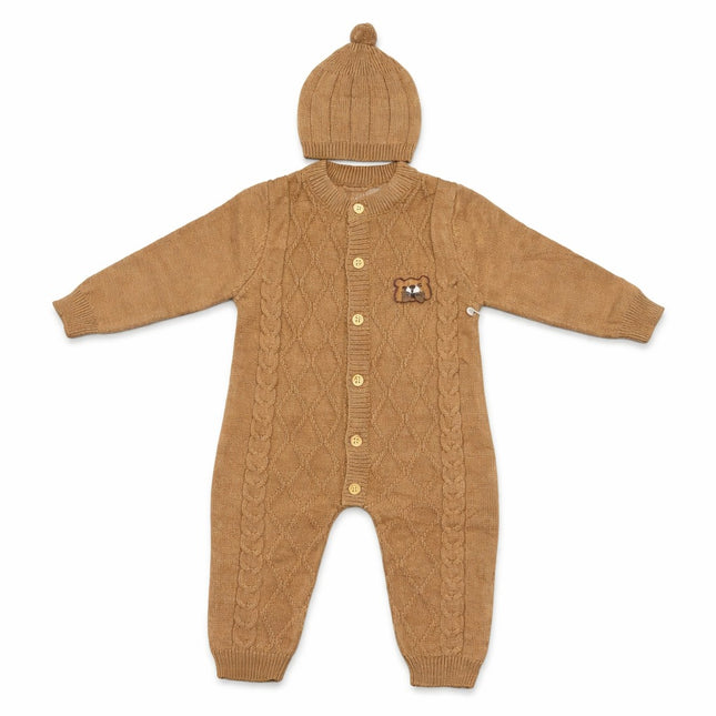 Premium Knitted Baby Romper with Cap – Brown Cable Knit Winter Suit