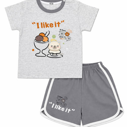 Kids Summer Cotton T-Shirt & Shorts Set – “I Like It” Cartoon Print (Grey)