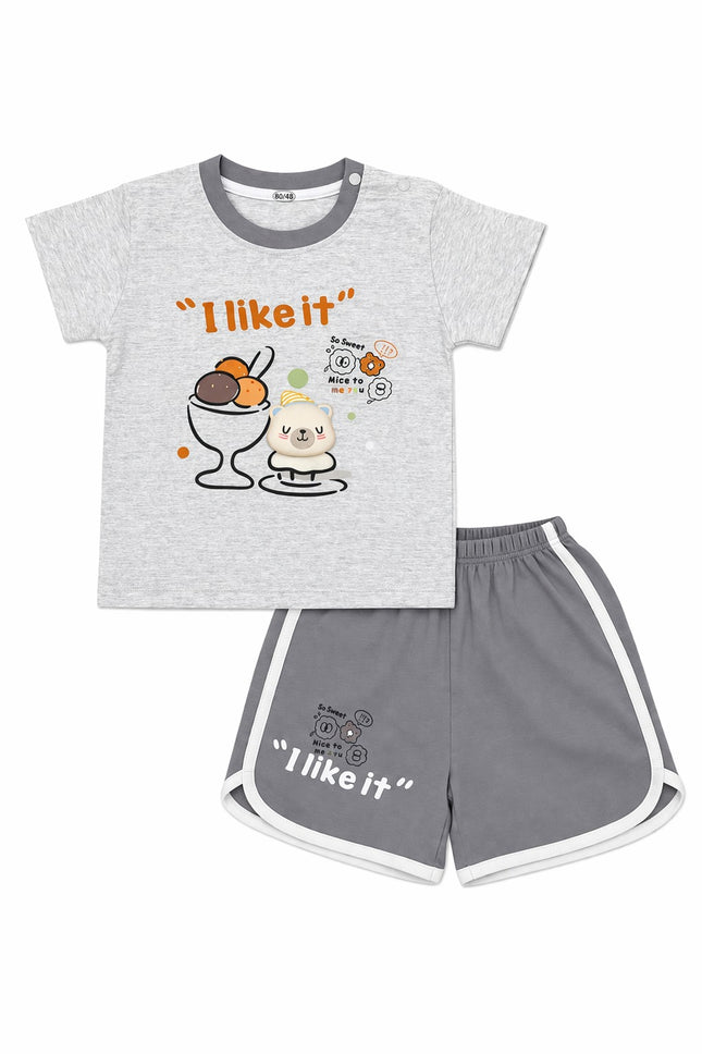 Kids Summer Cotton T-Shirt & Shorts Set – “I Like It” Cartoon Print (Grey)