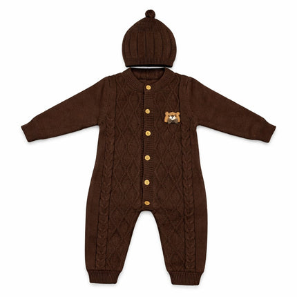 Classic Brown Cable-Knit Baby Romper with Cap – Winter 2-Piece Suit