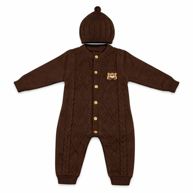 Classic Brown Cable-Knit Baby Romper with Cap – Winter 2-Piece Suit