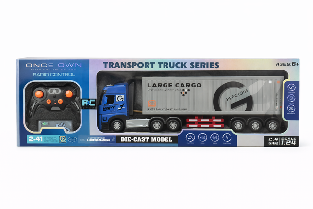 RC Transport Truck Series Container Trailer – 1:24 Die-Cast Model with Lights & Music (2.4GHz)