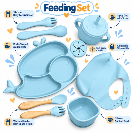 A light blue silicone baby feeding set arranged on a white background with callout labels. The set includes a whale-shaped divided plate, sippy cup with straw, adjustable silicone bib, silicone suction bowl, wooden-handled spoon and fork, and a soft stack cup lid.