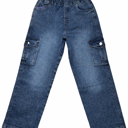 Girls Stretchable Denim Cargo Pants – Trendy Wide Leg Jeans