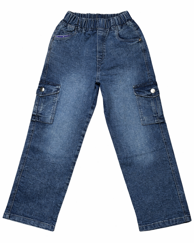Girls Stretchable Denim Cargo Pants – Trendy Wide Leg Jeans