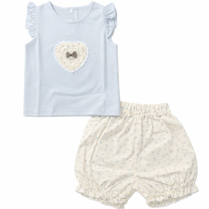 Baby Girl Flutter Sleeve Heart Patch Light Blue T-Shirt & Floral Bloomer 2-Piece Summer Set