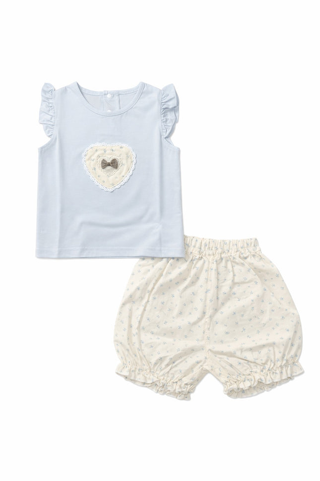Baby Girl Flutter Sleeve Heart Patch Light Blue T-Shirt & Floral Bloomer 2-Piece Summer Set