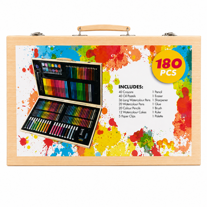 180-Piece Deluxe Wooden Art Set – Complete Drawing & Coloring Kit with Crayons, Watercolor Pens, Oil Pastels & Accessories