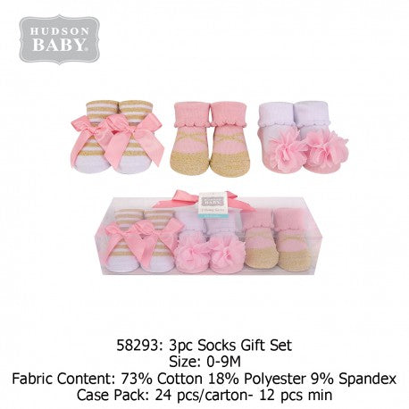 HUDSON BABY GIFTSET 3PC SOCKS PINK FANCY 0-9M