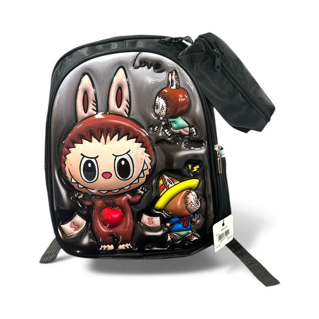 3D Cartoon Character Black School Backpack with Pouch