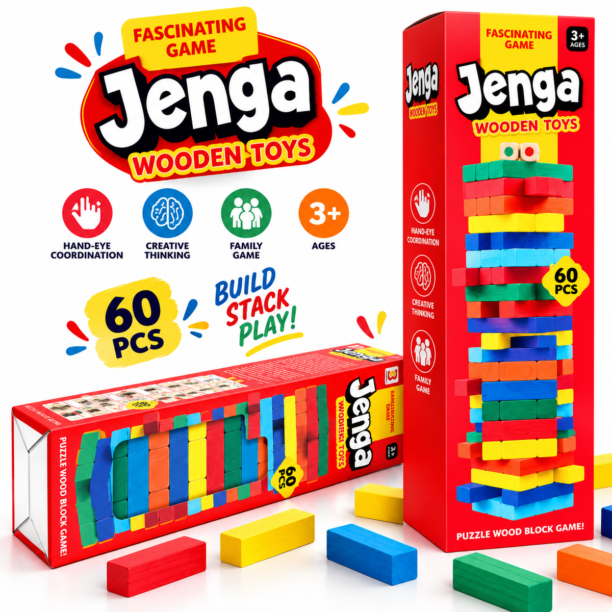 IMPORTED | 60 - Piece Wooden Jenga Tower Game