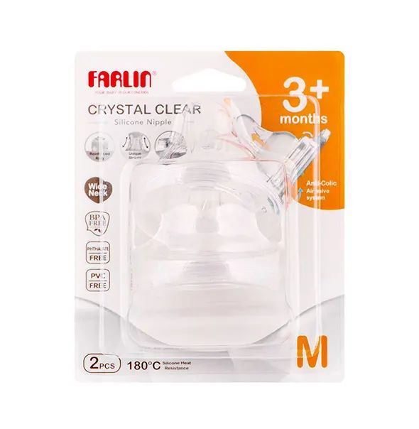 Farlin Crystal Clear Anti-Colic Wide Neck Silicone Nipple Set, 3m+, 2-Pack