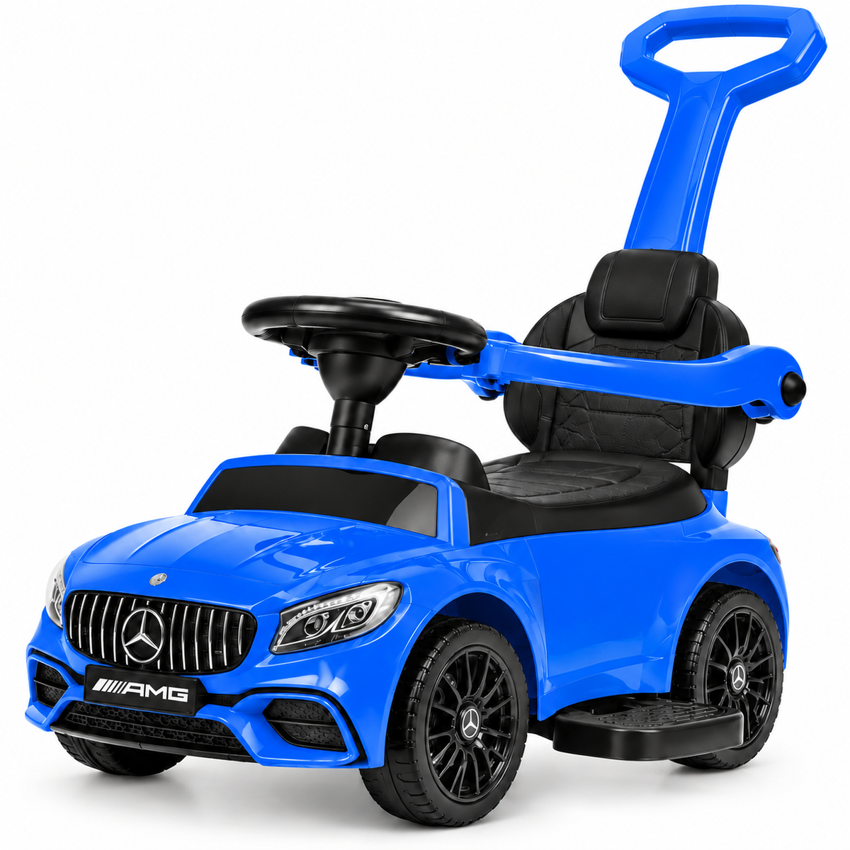 A bright blue Mercedes-Benz AMG kids' ride-on car with a black seat, steering wheel, and push handle, shown on a clean white background.