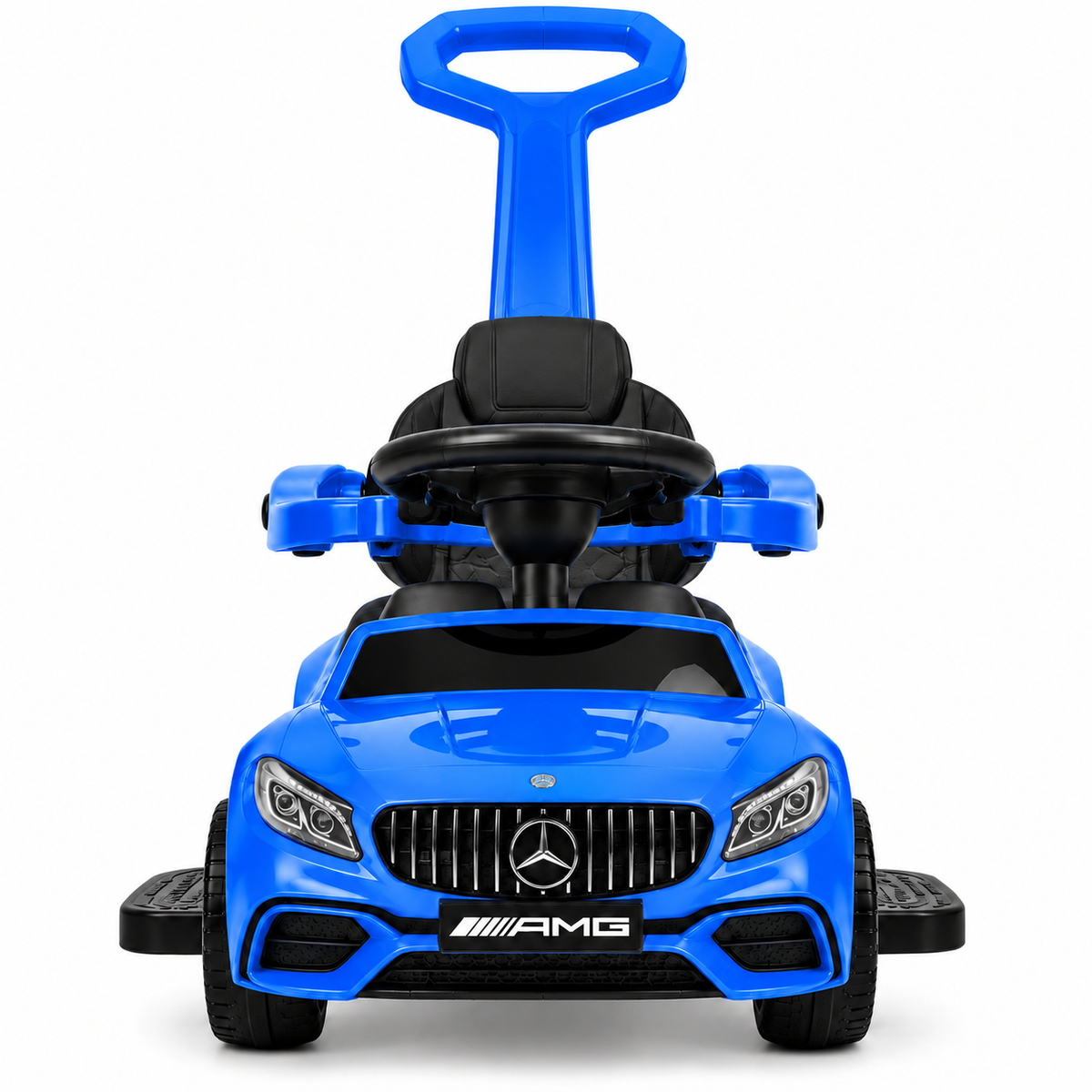 A blue Mercedes-Benz AMG ride-on toy car with a black seat and a bright blue push handle, shown from a front-facing perspective on a white background.