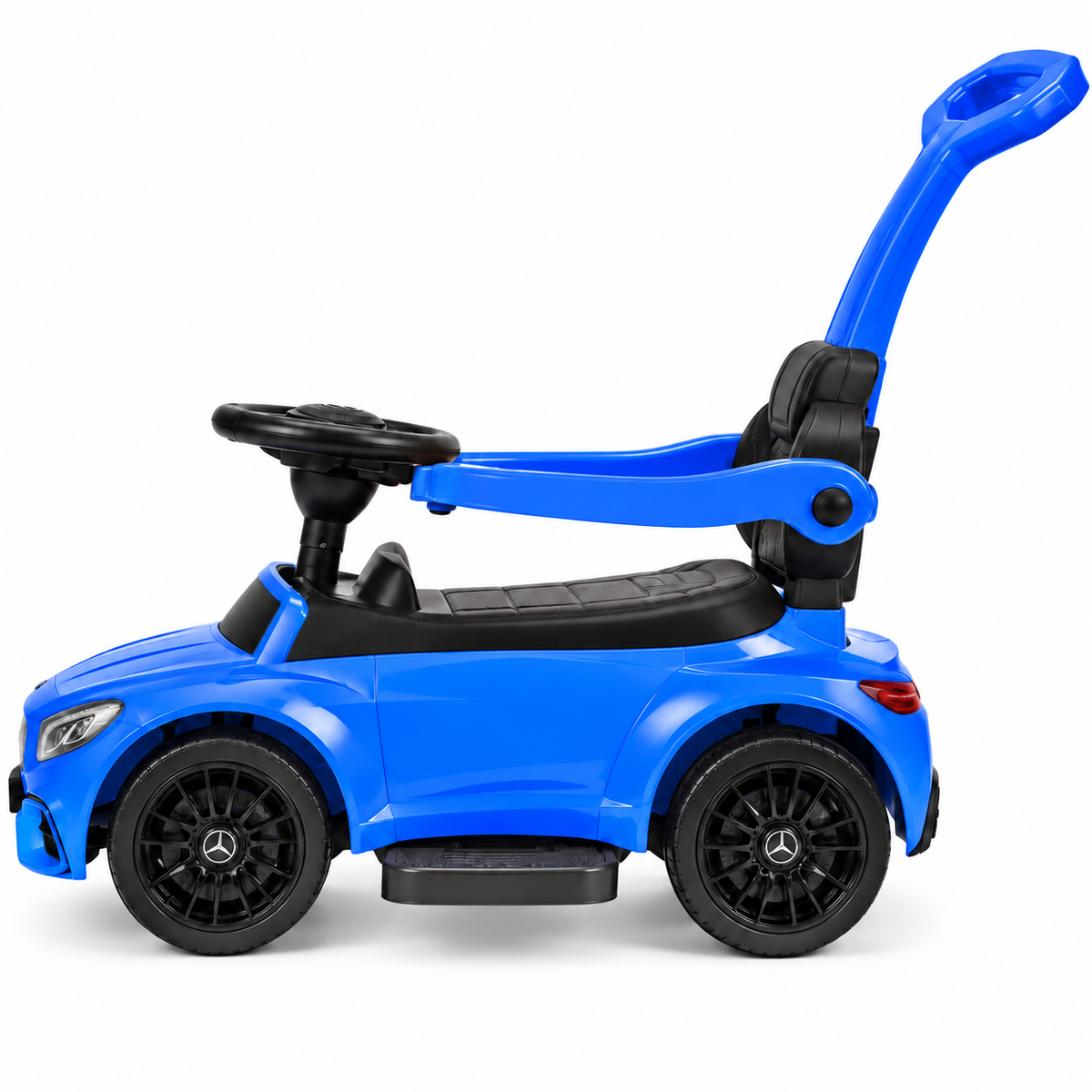 A blue and black Mercedes-Benz ride-on toy car with a push handle, shown from a side profile on a white background.