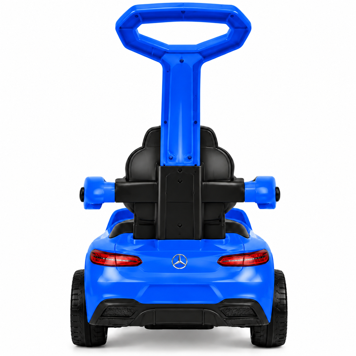 A blue and black Mercedes-Benz toy car stroller ride-on, shown from the rear view on a white background.