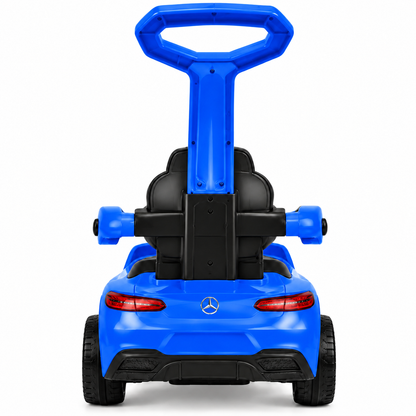 A blue and black Mercedes-Benz toy car stroller ride-on, shown from the rear view on a white background.