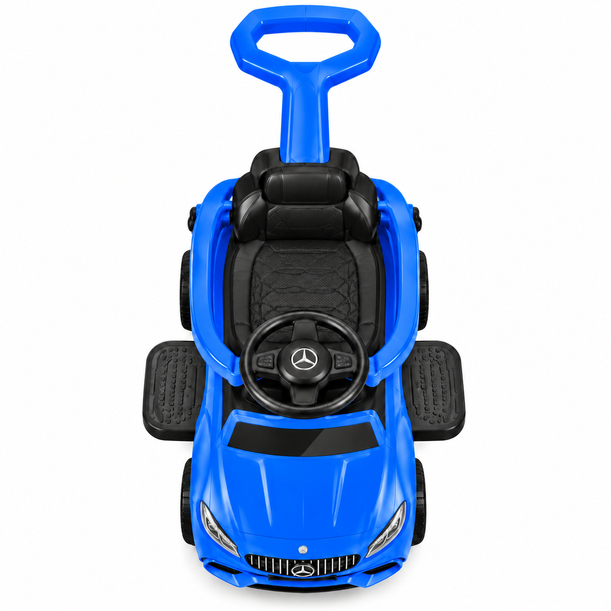 A blue and black Mercedes-Benz ride-on toy car with a push handle, shown from a top-down angle on a white background.