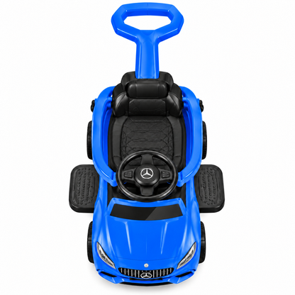 A blue and black Mercedes-Benz ride-on toy car with a push handle, shown from a top-down angle on a white background.