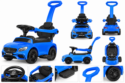 Blue Mercedes-Benz toy car ride-on stroller with black seat and wheels, shown from multiple angles on a white background with close-up detail insets.