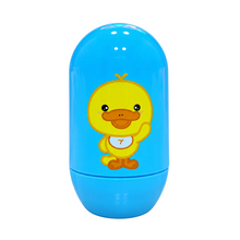 A bright blue capsule-shaped container with a cartoon yellow duck character printed on the front, set against a solid light blue background.
