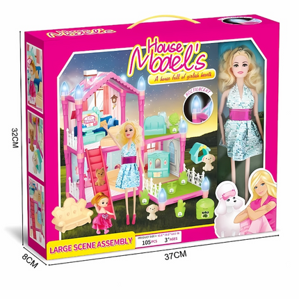 House Model’s Dollhouse Playset – 105 Pieces Large Scene Assembly with Dolls & Furniture (3+)