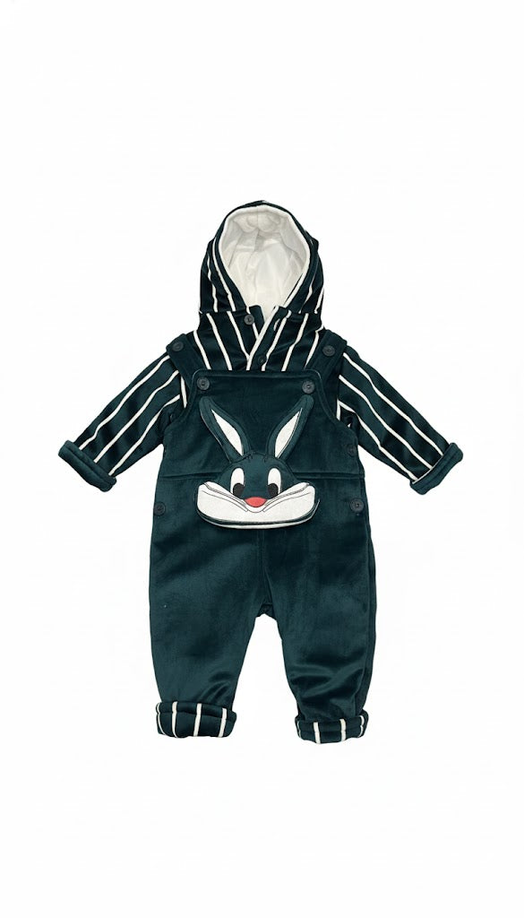 Baby Boy 2-Piece Striped Hoodie & Bunny Dungaree Set