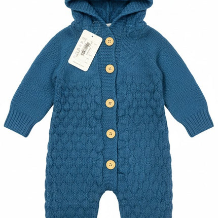 Baby Knitted Hooded Romper – Warm & Cozy Winter Wear (Blue)