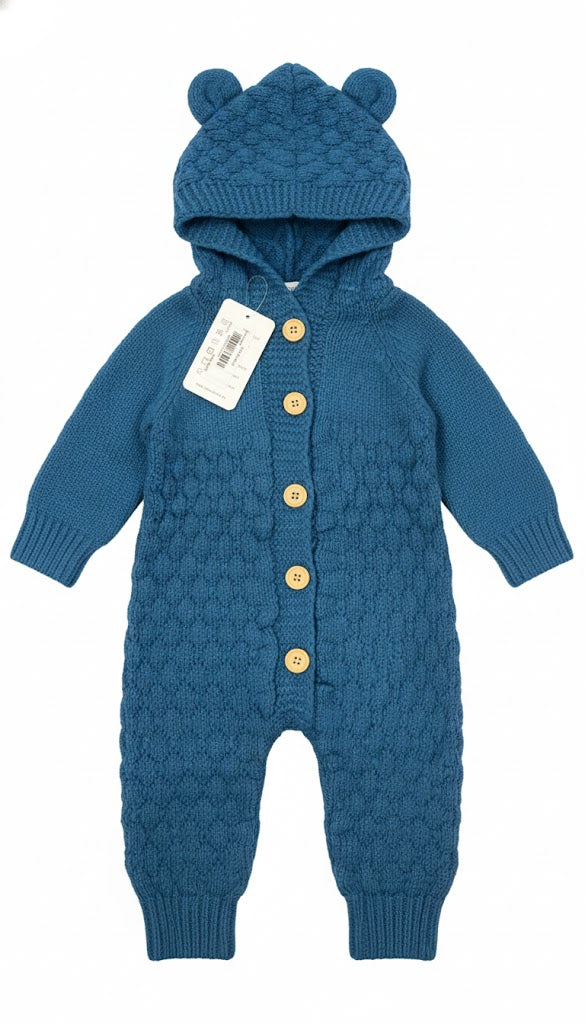 Baby Knitted Hooded Romper – Warm & Cozy Winter Wear (Blue)